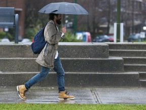 A person carrying an umbrella in the rain.