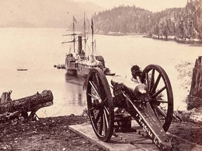 The Pacific ship is seen in the background of this photo taken in 1868 on Tongass Island on the British Columbia-Alaska border.