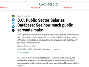 The Vancouver Sun has collected the names and salaries of nearly 125,000 workers who make more than $75,000 a year at approximately 100 public sector agencies in B.C., and put them all into a searchable public sector salaries database.