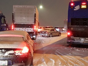 Vehicles were stranded on the northbound lanes of the Alex Fraser Bridge for several hours due to accumulating snow on Nov. 29.