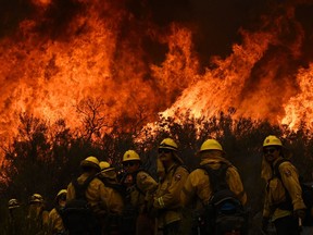 AFP ENVIRONMENT PICTURES OF THE YEAR 2022 -- CalFire firefighters turn away from the fire to watch for any stray embers during a firing operation to build a line to contain the Fairview Fire near Hemet, California, on September 8, 2022. (Photo by Patrick T. FALLON / AFP)