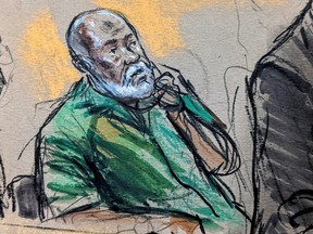 Abu Agila Mohammad Mas'ud Kheir Al-Marimi, also known as Mohammed Abouajela Masud, accused of making the bomb that blew up Pan Am flight 103 over Lockerbie in Scotland in 1988, is shown listening in this courtroom sketch drawn during an initial court appearance in U.S. District Court in Washington, U.S. December 12, 2022.  REUTERS/Bill Hennessy