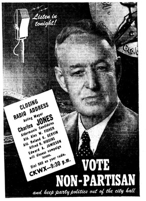 Charles Jones ad from the Dec. 6, 1947 Vancouver Sun. Jones was elected Vancouver’s mayor, but died during his term.