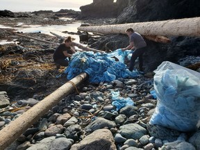 Debris believed to be from the 2021 Zim Kingston freighter spill is shown being collected off Palmerston Beach, on Vancouver Island in this handout image provided by the by the environmental organization Epic Exeo from February 2022. Those who walk the beaches say debris from the 109 shipping containers that went overboard is still washing up onshore. Photo: Epic Exeo