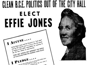 Effie Jones ran for Vancouver mayor in 1947 and did very well on her big issue: keeping streetcar fares low. This is a detail from a Jones ad on Dec. 8, 1947.
