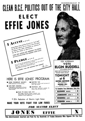 Effie Jones ran for Vancouver Mayor in 1947 and did very well on her big issue: keeping streetcar fares low. This is a Jones ad from the Dec. 8, 1947 Vancouver Sun.
