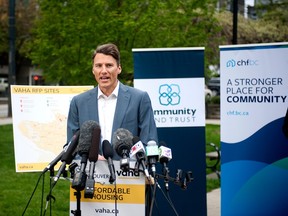 Vancouver Mayor Gregor Robertson at a presser at Emery Barnes Park on May 4, 2018, where he announced plans for 1,000 new units of affordable rental housing to be built on seven city-owned sites targeted toward singles and families earning $30,000 to $80,000 annually.