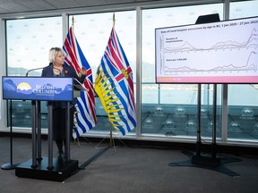 B.C. provincial health officer Dr. Bonnie Henry speaks during a COVID-19 update news conference in Vancouver on Tuesday, February 1, 2022.