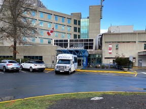 The front entrance of Victoria General Hospital is seen in Victoria, Friday, Dec. 30, 2022. Island Health says two hospital workers were injured this morning following a "mechanical emergency" at Victoria General Hospital.