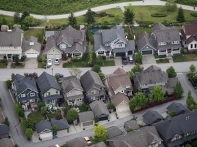 Houses are seen in an aerial view in Langley, B.C
