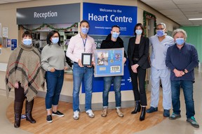 Photo by Brian Smith, Providence Health Care. Pictured left to right: Donna Stanford (Jason’s mom), Josie Mackey, Dr. Mustafa Toma, Jason Gray-Stanford, Dr. Margot Davis, Dr. Jamil Bashir, Dr. Andrew Ignaszewski.