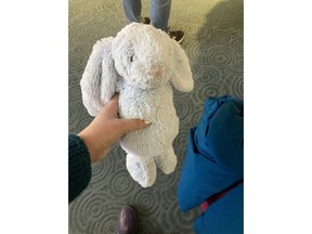A stuffed rabbit named Bunbun is seen at the Vancouver International Airport in Richmond, B.C., in a Dec. 20, 2022, handout photo. The rabbit is on its way to its family in Edmonton where they are visiting for the holidays.