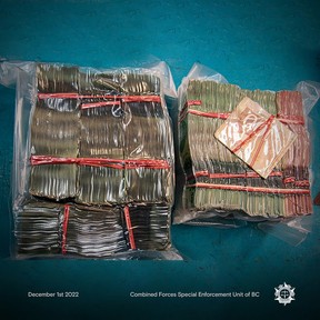 Handout photo of cash seized by police as part of a Vancouver Island drug trafficking investigation.