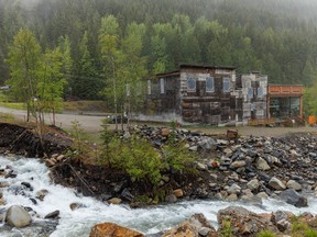 Rain falls on the remains of the mining town of Sandon, B.C., on Sunday, June 19, 2022.