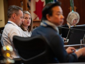 From left, Vancouver Count.  Brian Montague, Earl.  Christine Boyle, Mayor Ken Sim and Earl.  Adriane Carr at a Vancouver City Council meeting in December 2022.