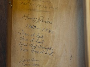 Names of past city councillors scribbled on the inside of the drawer of city councillor Christine Boyle at Vancouver city hall.