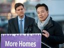 Premier David Eby, left, and Vancouver Mayor Ken Sim announce modular housing for homeless people.