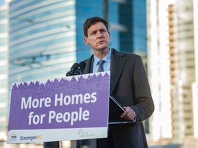 Premier David Eby, along with Vancouver mayor Ken Sim and Minister of Housing Ravi Kahlon and Melanie Mark announce a housing initiative that will provide 90 spaces in modular housing for homeless people, in Vancouver, BC Wednesday, December 14, 2022.