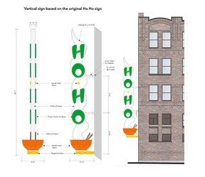 Handout rendering for the storefront with new facia signs influenced by the original neon (Ho Ho) — conservation plan for 102 East Pender St.