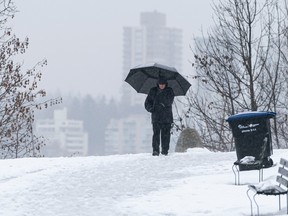 Snow that blanketed Metro Vancouver earlier in the week slowly melts during a heavy rainfall warning on Dec. 24, 2022. Richard Lam photo/PNG