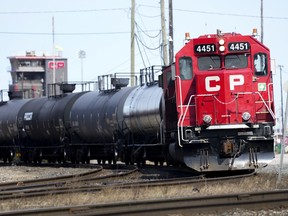 Canadian Pacific Railway trains sit idle on the train tracks in Toronto, Monday, March 21, 2022. A Canadian Pacific freight train appears to have collided with a CP truck that was travelling along tracks east of Kamloops, B.C.