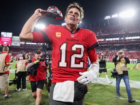 Tampa Bay Buccaneers quarterback Tom Brady celebrates after beating the New Orleans Saints at Raymond James Stadium in Tampa, Fla., Dec. 5, 2022.