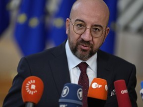 European Council President Charles Michel speaks with the media as he arrives for an EU summit in Brussels, Thursday, Dec. 15, 2022. EU leaders meet for a one day summit on Thursday to discuss Ukraine and further measures to contain energy prices hikes in the European Union.