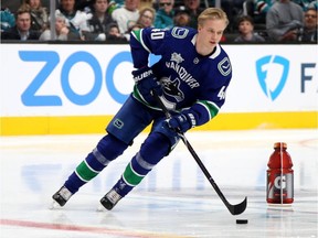 Elias Pettersson #40 of the Vancouver Canucks competes in the Gatorade NHL Puck Control during the 2019 SAP NHL All-Star Skills at SAP Center on January 25, 2019 in San Jose, California.