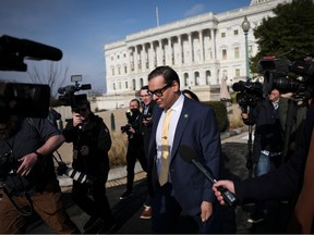 Rep. George Santos (R-NY) leaves the U.S. Capitol on Thursday. The Nassau County party chairman, Joseph G. Cairo Jr. and other New York Republican officials called on Santos to resign as investigations grow into his finances, campaign spending and false statements on the campaign trail.