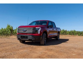 A Ford Lightning F-150 pickup truck during a media event at Vino Farms in Healdsburg, California, US, on Friday, May 20, 2022. With the release of the F-150 Lightning, Ford hopes to electrify new and traditional truck buyers alike, and eventually to replace its industry-defining gas-powered line.