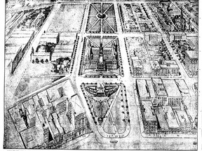 Excerpt from Ed Hewitt's 1914 plan for a new city hall and civic centre in Vancouver. The whereabouts of the original illustration is unknown; this is a reproduction from the March 12, 1922 Vancouver Sun.