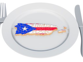 Puerto Rico cuisine concept. Plate with map of Puerto Rico. 3D rendering