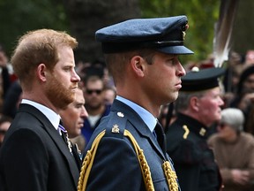 In this file photo taken on September 19, 2022 Britain's Prince William, Prince of Wales (R) and Britain's Prince Harry, Duke of Sussex, follow the coffin of Queen Elizabeth II from Westminster Abbey to Wellington Arch in London after the State Funeral Service.