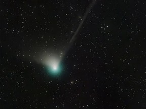 A recent image of the green comet C/2022 E3 (ZTF), which was last visible from Earth roughly 50,000 years ago. It will be possible to see in the night sky with peak viewing in the early-morning hours of Feb. 1, 2023.