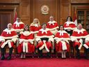Canada's Supreme Court justices on November 28, 2022, left to right: Russell Brown, Mahmud Jamal, Andromache Karakatsanis, Sheilah L. Martin, Richard Wagner, Nicholas Kasirer, Suzanne Cote, Michelle O'Bonsawin and Malcolm Rowe.