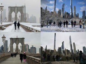 his combination of file photographs created on January 30, 2023, shows (TOP/L to BOTTOM/R); pedestrians crossing Brooklyn Bridge in New York City on January 7, 2022, during the first snowstorm of the season, pedestrians crossing Brooklyn Bridge in New York City on January 25, 2023, bystanders gathering at a viewpoint in Central Park in New York City on January 7, 2022, after the first snowstorm of the season and bystanders gathering in Central Park in New York City on January 13, 2023. - New York in wintertime tends to conjure up images of Times Square and Central Park shrouded in snow. Not this year. The city is forecast on January 29, 2023, to surpass a 50-year record for the latest first snowfall of the season. (Photo by ANGELA WEISS and Ed JONES / AFP)