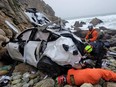 Rescuers work on retrieving a destroyed Tesla sedan that had plunged off a cliff in an area called the Devil's Slide in San Mateo County, California January 2, 2023.  San Mateo County Sheriff's Office/Handout via REUTERS