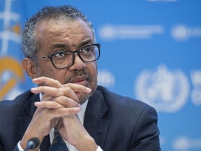 Tedros Adhanom Ghebreyesus, Director General of the WHO, gestures as he speaks to journalists during a press conference at the WHO headquarters in Geneva, Switzerland, Wednesday, Dec. 14, 2022.