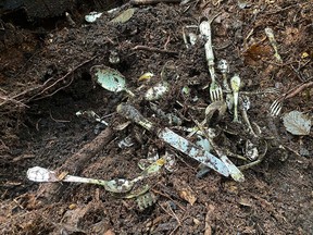 A long-buried piece of Hotel Vancouver silverware unearthed at Pacific Spirit Park by Christian Laub and Julien Hicks.
