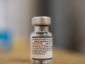 A vial of the Pfizer-BioNTech COVID-19 booster vaccine targeting BA.4 and BA.5 Omicron subvariants.