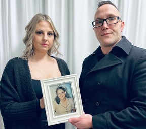 Jason Keller and Santaya Garnot with family photos at the memorial on Jan. 28 for their mother, Kelly Ashton, who lived in Prince George’s Simon Fraser Lodge before falling twice and later dying.