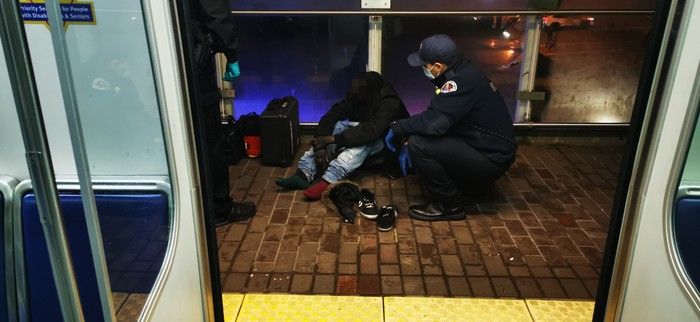  photo of a man who had overdosed on skytrain in new westminster after naloxone kicked in on jan. 1, 2023. the man’s face has been blurred by the photographer for reasons of privacy.