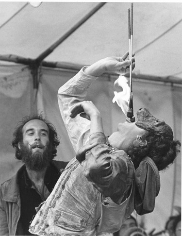 Vancouver Folk Festival 1981. Part of the Flying Karamazov Brothers show, a fire eater