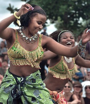 Enthusiastic dancers of the Amampondo group during a Sunday performance at the Vancouver Folk  Music Festival.