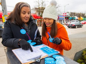 Kathy Bligh (left) and Miya Regier are volunteers with the movement to recall Premier David Eby.