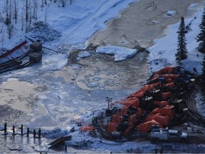 Handout photos of Clore River pipeline crossing from Jan. 29, 2023. Wet?suwet?en hereditary chiefs and the David Suzuki Foundation have raised more environmental concerns over a Coastal GasLink natural gas pipeline crossing construction site on the Clore River in northwest B.C.