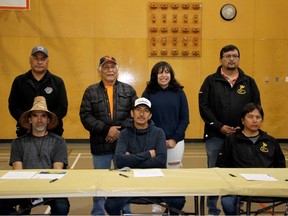 Who has final say in an Indigenous community? As hereditary chief Bob Joseph says, “It depends.” Hereditary and elected chiefs gather from three Vancouver Island First Nations to discuss conflict over Fairy Creek old-growth logging. The people in the photo are (left to right): Front - Pacheedaht Hereditary Chief Frank Queesto Jones; Huu-ay-aht Tayii ?aw?il ?iišin (Head Hereditary Chief Derek Peters); Ditidaht Chabut Satiixub (Hereditary Chief Paul Tate). Back row (left to right): Elected Pacheedaht Chief Councillor Jeff Jones; Elected Huu-ay-aht Chief Councillor Robert J. Dennis Sr.; Olivia Peters (daughter to the hereditary chief), and Ditidaht elected Chief Brian Tate.