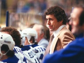 Maple Leafs Coach Roger Neilson stands behind the bench in March 1979, after getting fired, then re-hired by then-owner Harold Ballard