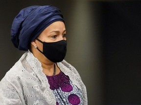 FILE - Amina Mohammed, Deputy Secretary-General of the United Nations, arrives at United Nations headquarters, on Sept. 20, 2021, during the 76th Session of the U.N. General Assembly in New York. Mohammed, speaking to the U.N. Security Council on Wednesday, urged countries to urgently consider Haiti's request for an international armed force to help restore security in the country troubled by gang violence. A U.N. special envoy said intentional killings and ransom kidnappings have increased sharply, armed gangs control the main roads entering or leaving the capital, the police force is shrinking, and a third of schools are closed.