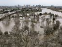 View of flooding from the rainstorm-swollen Sacramento and American rivers, near downtown Sacramento, Calif., on Jan. 11, 2023.